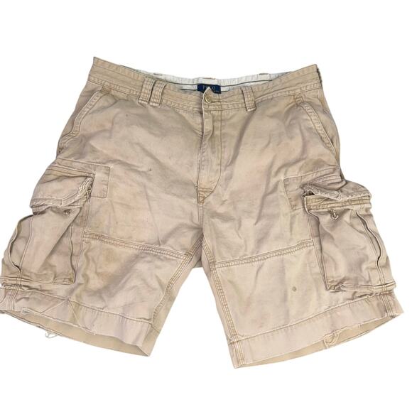 Polo Ralph Lauren Vintage Cargo Shorts Khaki Tan Size 38 THRASHED Y2K - Picture 1 of 9